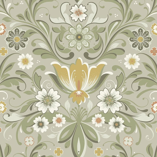 Buy 2999-24113 Annelie Ostanskar Green Retro Floral Grey Yellow A-Street Prints Wallpaper