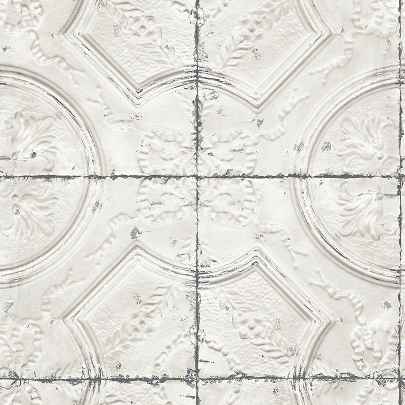 Find 3115-12431 Farmhouse Susanna Off-White Vintage Tin Tile Off-White by Chesapeake Wallpaper