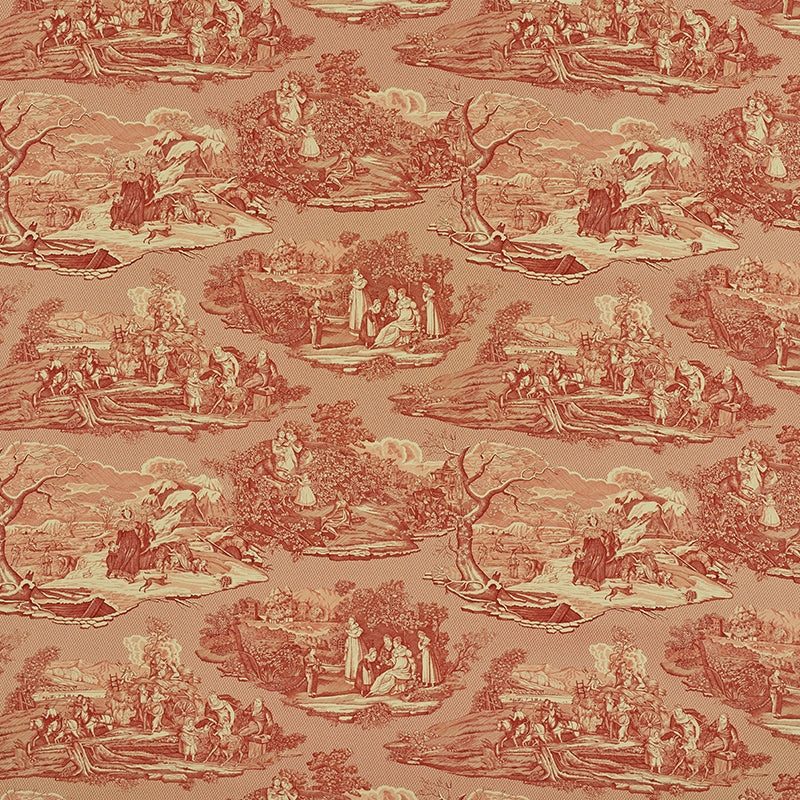 Purchase sample of 1207013 Four Seasons Toile, Document Red by Schumacher Fabric