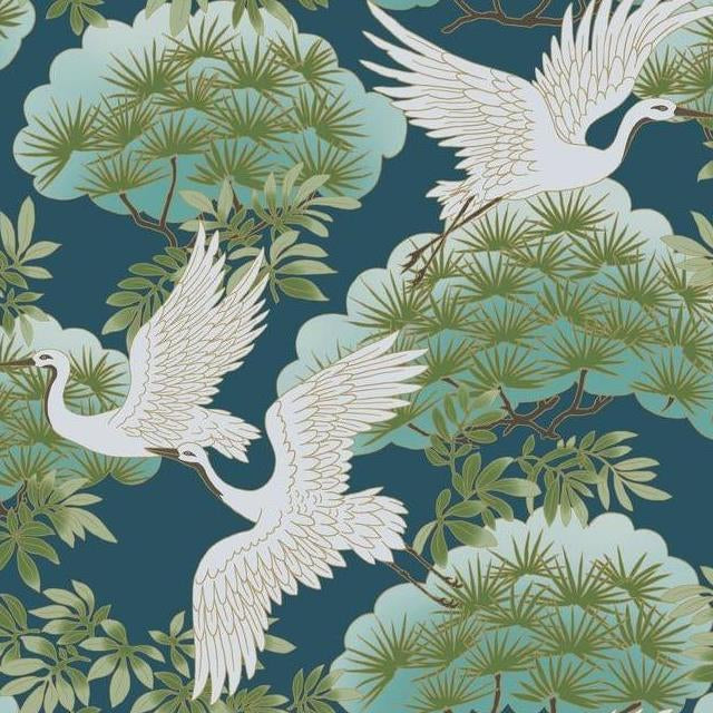 Buy AF6592 Designs Tea Garden Sprig & Heron Blue by Ronald Redding Wallpaper