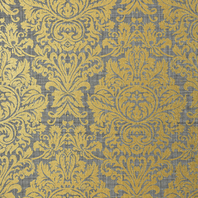 Purchase a sample of T83034 Kingsbury Damask, Metallic Gold on Charcoal by Thibaut Wallpaper