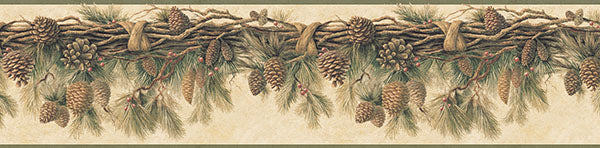 Select TLL01391B Echo Lake Lodge Olive Wyola Olive Pinecone Forest Border Wallpaper by Chesapeake Wallpaper