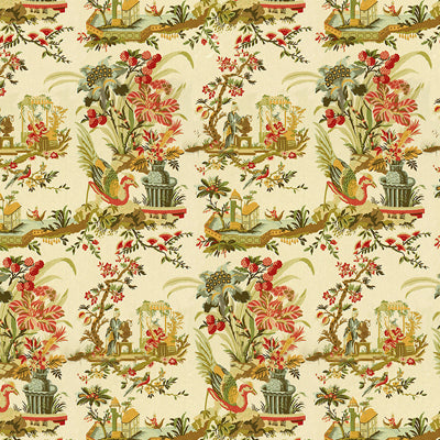 Find BR-71163-A Le Lac Linen Print Teal And Melon On Cream Modern Chinoiserie by Brunschwig & Fils Fabric