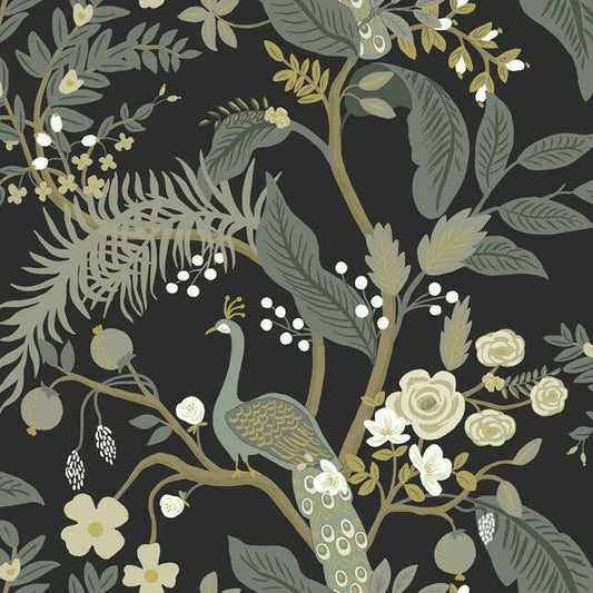 View RI5170 Rifle Paper Co. Peacock Black York Wallpaper